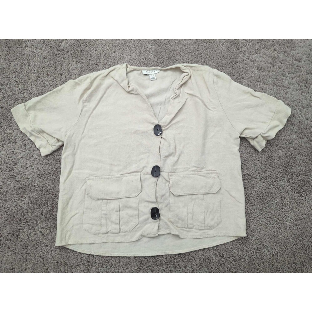 Topshop Button Up Shirt Womens 10 Beige Short Sleeve Pockets Cropped Casual